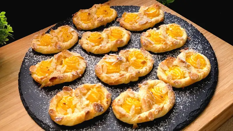 Goldbraun gebackene Vanille-Pudding-Brezeln aus Blätterteig mit Mandeln und Puderzucker