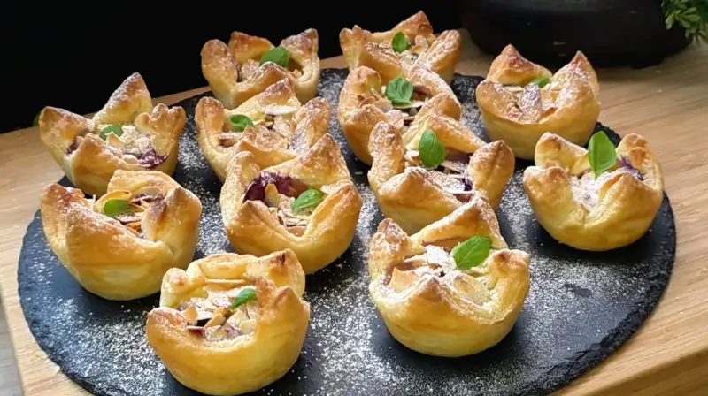 Gebackene Blaubeer-Quark-Muffins aus Blätterteig mit gehobelten Mandeln und Puderzucker