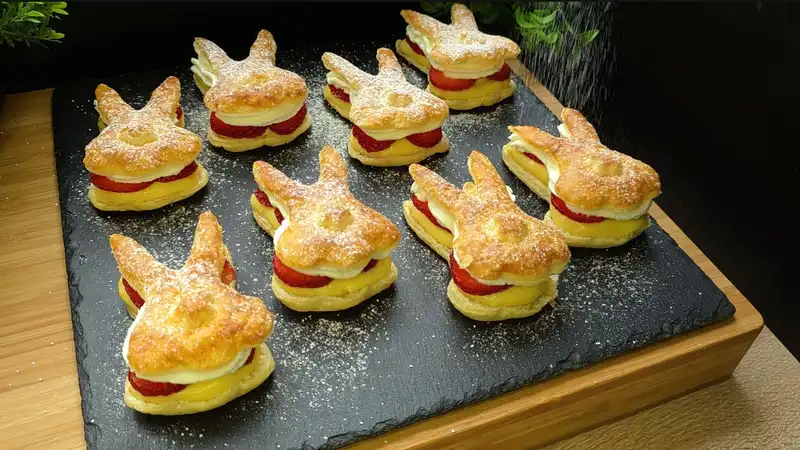 Goldbraun gebackene Blätterteig-Hasen gefüllt mit Vanillepudding, Erdbeeren und Schlagsahne, bestäubt mit Puderzucker.