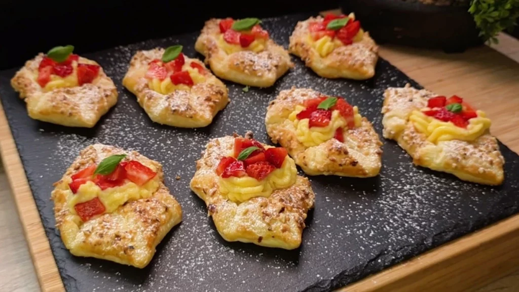 Goldbraun gebackene Blätterteig-Schiffchen gefüllt mit Vanillepudding und frischen Erdbeerscheiben.