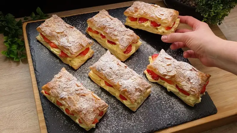 Goldbraun gebackene Blätterteigkissen gefüllt mit heller Vanillecreme und frischen Erdbeerscheiben