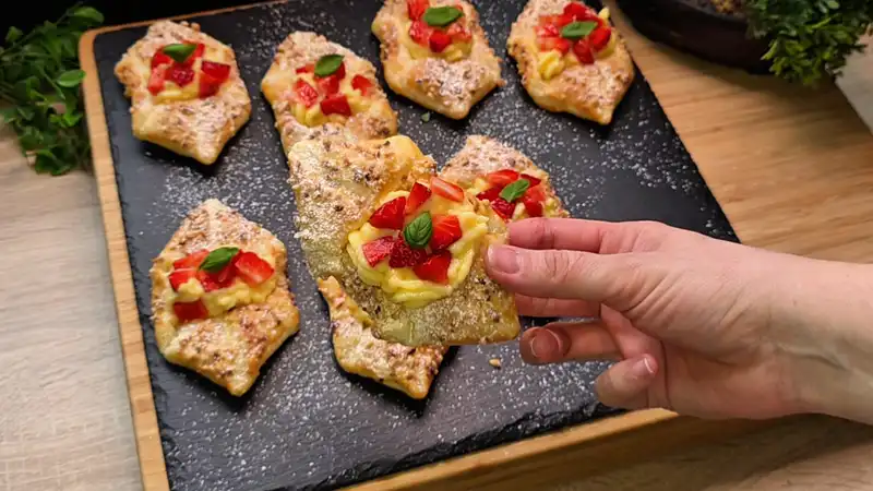 Nahaufnahme eines Blätterteig-Boots mit cremiger Puddingfüllung, Erdbeeren und gehackten Haselnüssen.