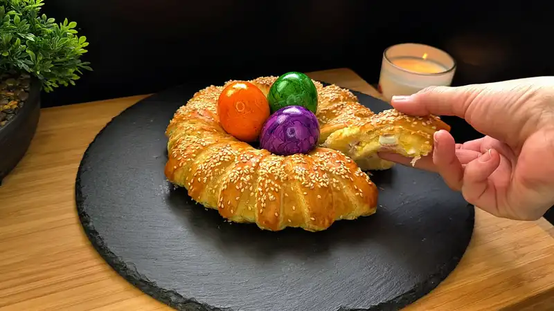 Ein goldbraun gebackener Osterkranz aus Blätterteig, gefüllt mit Schinken, Käse und Eiern, bestreut mit Sesam.