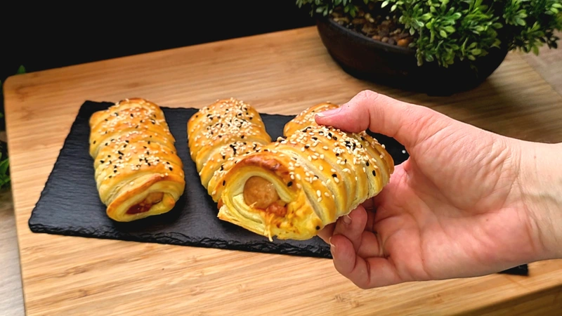 Nahaufnahme eines gebackenen Blätterteig Hot-Dogs, das geschmolzenen Käse und das Würstchen zeigt.