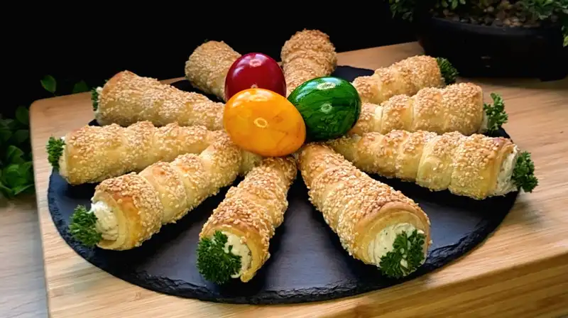 Elegant angerichtete Blätterteig-Tölcsér gefüllt mit Lachscreme und Petersilie