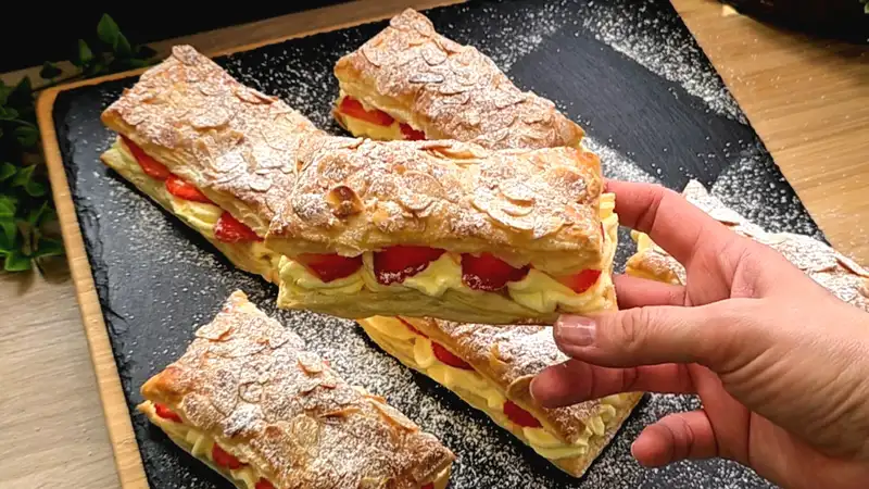 Detailansicht der cremigen Puddingfüllung und der saftigen Erdbeeren in einem aufgeschnittenen Blätterteigkissen