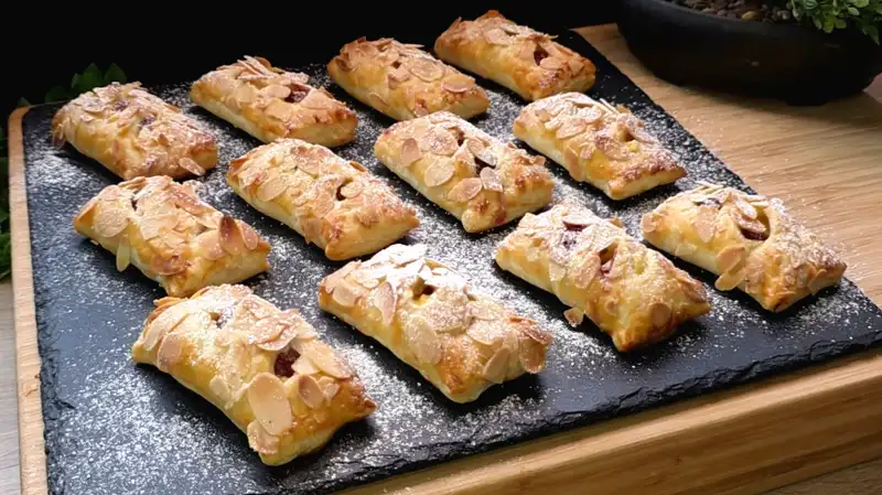 Goldbraun gebackene Kirsch-Pudding-Taschen aus Blätterteig mit gehobelten Mandeln und Puderzucker
