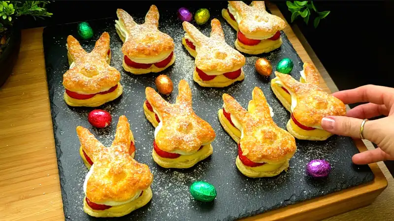 Detailaufnahme eines aufgeschnittenen Blätterteig-Hasen, der die Schichten aus Pudding, Erdbeeren und Sahne zeigt.