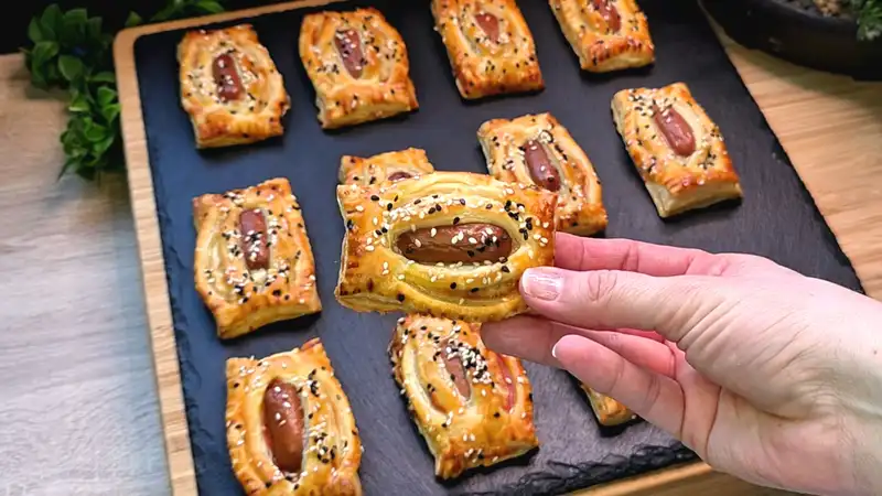 Detailansicht eines aufgeschnittenen Blätterteig-Häppchens mit Mini-Würstchen, Tomatensoße und geschmolzenem Käse