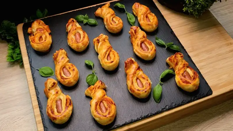 Goldbraun gebackene Würstchen-Häppchen aus Blätterteig mit Pesto-Füllung auf einem Servierteller