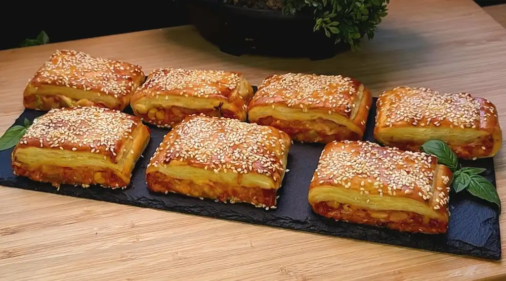 Ein Teller mit goldbraun gebackenen Pizzataschen aus Blätterteig