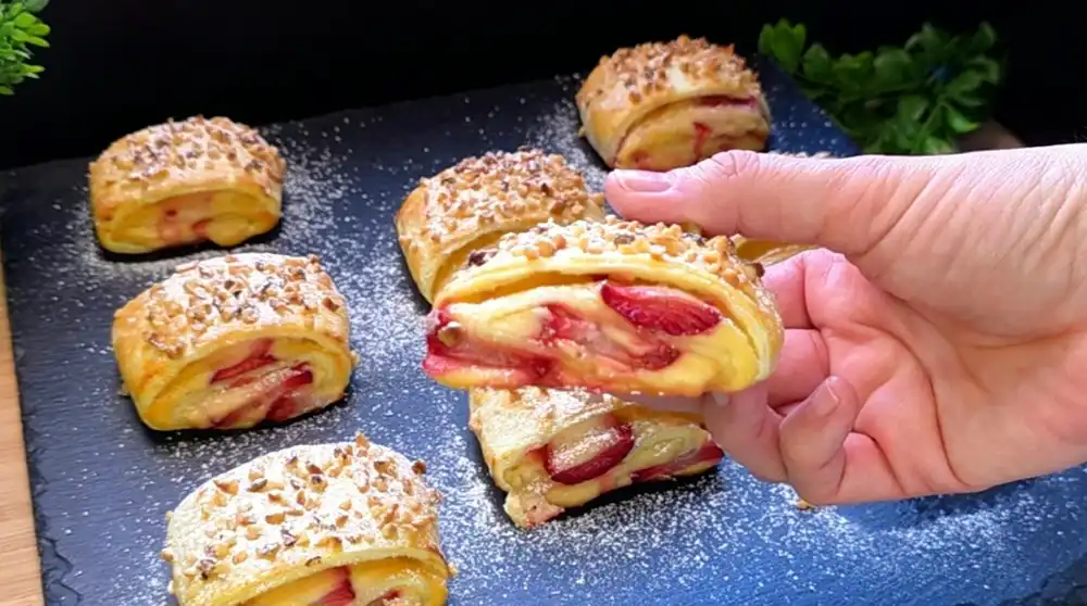 Nahaufnahme von saftigen Blätterteig Häppchen mit Erdbeeren und cremiger Füllung