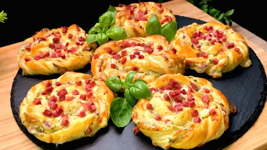 Goldbraun gebackene Käse-Schinken-Rollen aus Blätterteig mit Petersilie und Sesam