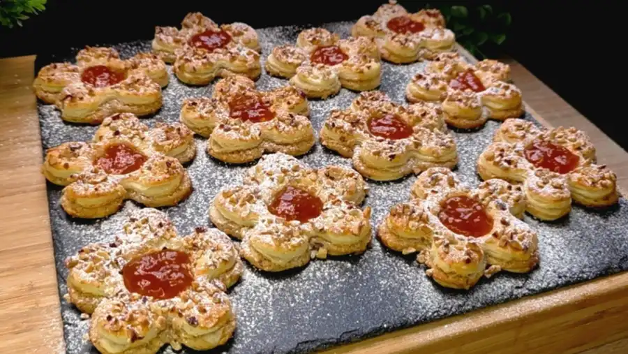 Gebackene Nuss-Blumen aus Blätterteig mit Aprikosenmarmelade und Puderzucker