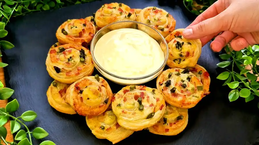 Goldbraun gebackene Blätterteig-Schnecken mit grünem Spargel und Sauce Hollandaise