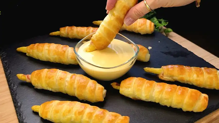 Nahaufnahme einer Spargelstange im Teigmantel, die in Sauce Hollandaise getunkt wird