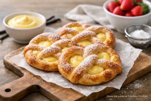 Goldbraun gebackene Blätterteig-Brezeln gefüllt mit cremiger Vanillepudding-Füllung und mit feiner Glasur verziert.