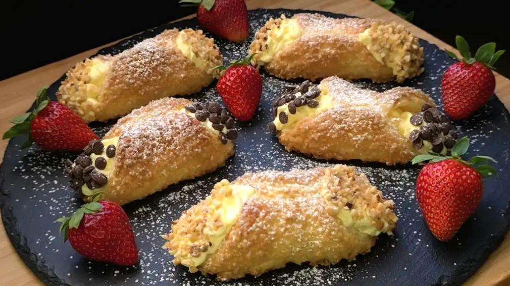 Goldbraun karamellisierte Blätterteigrollen mit Vanillefüllung und Schokodekor.