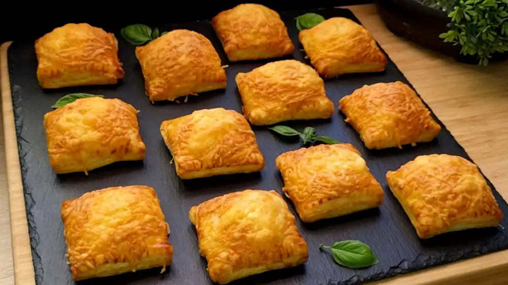 Goldbraun gebackene Blätterteig-Salami-Häppchen mit Käsekruste.