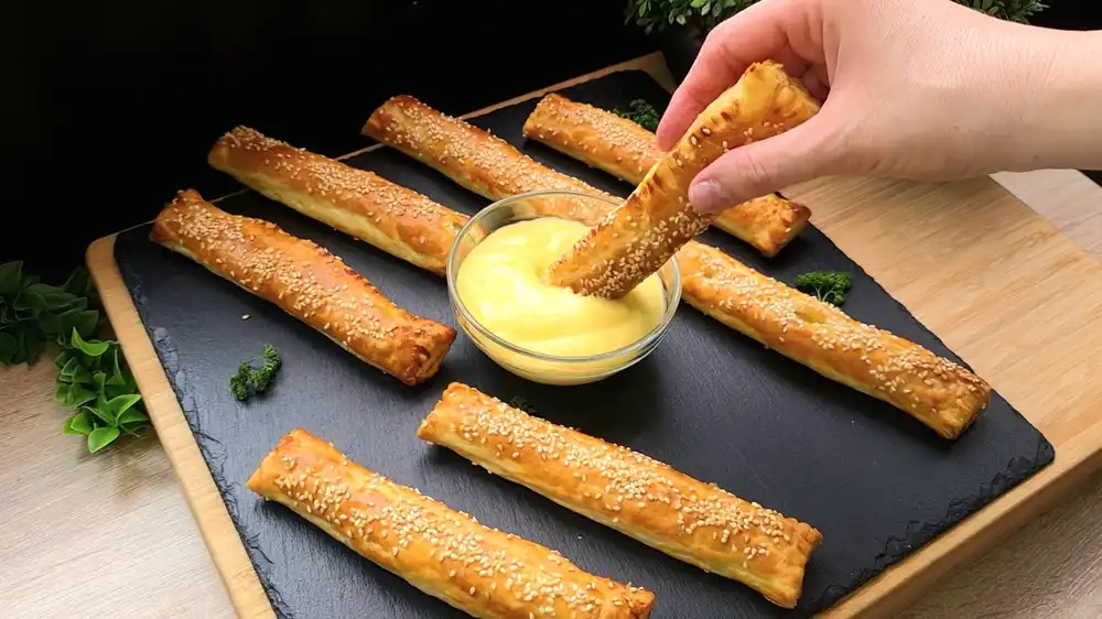 Goldbraun gebackene Blätterteigstangen gefüllt mit weißem Spargel, Schinken und Käse.