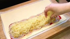 Geriebener Käse wird über die Hähnchenbrust und den Mais auf dem Teig verteilt.