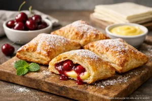 Kirsch Pudding Taschen mit Blätterteig backen