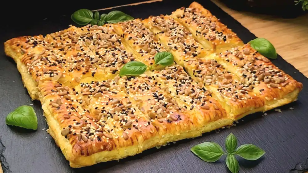 Detailansicht einer Käsestange zeigt die blättrigen Schichten und den geschmolzenen Käse.