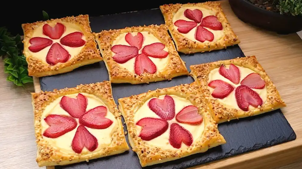 Fertig gebackene Mini-Blätterteigkuchen mit Quark, frischen Erdbeeren und gehackten Haselnüssen.