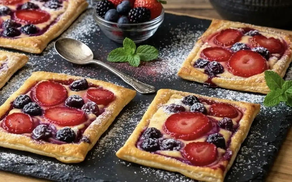 Detailansicht eines Mini-Kuchens mit cremiger Vanillefüllung und glänzenden Beeren.