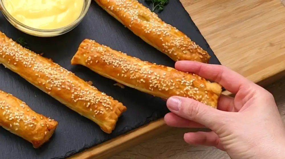 Detailansicht einer aufgeschnittenen Spargelstange mit geschmolzenem Käse und Sesam.