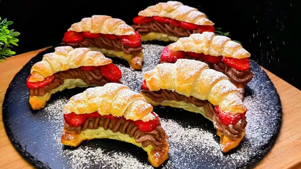 Fertig angerichtete Blätterteig-Croissants gefüllt mit Schokoladencreme und Erdbeeren