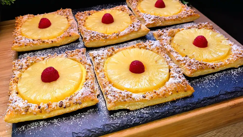 Goldbraun gebackene Blätterteig-Taschen mit cremiger Vanillepudding-Füllung, einer saftigen Ananasscheibe, gehackten Haselnüssen und einer frischen Himbeere.