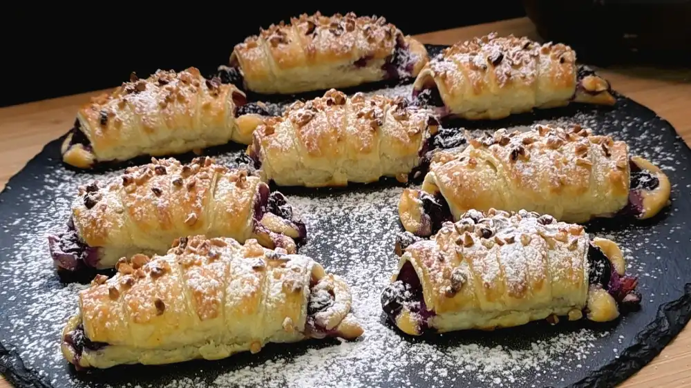 Goldbraun gebackene Blätterteig-Croissants mit Blaubeeren, Quarkfüllung, gehackten Haselnüssen und Puderzucker.