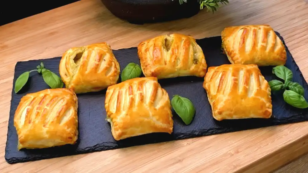 Sechs goldbraun gebackene Blätterteig-Caprese-Taschen mit edlem Streifenmuster auf einem rustikalen Holzbrett, garniert mit frischem Basilikum.