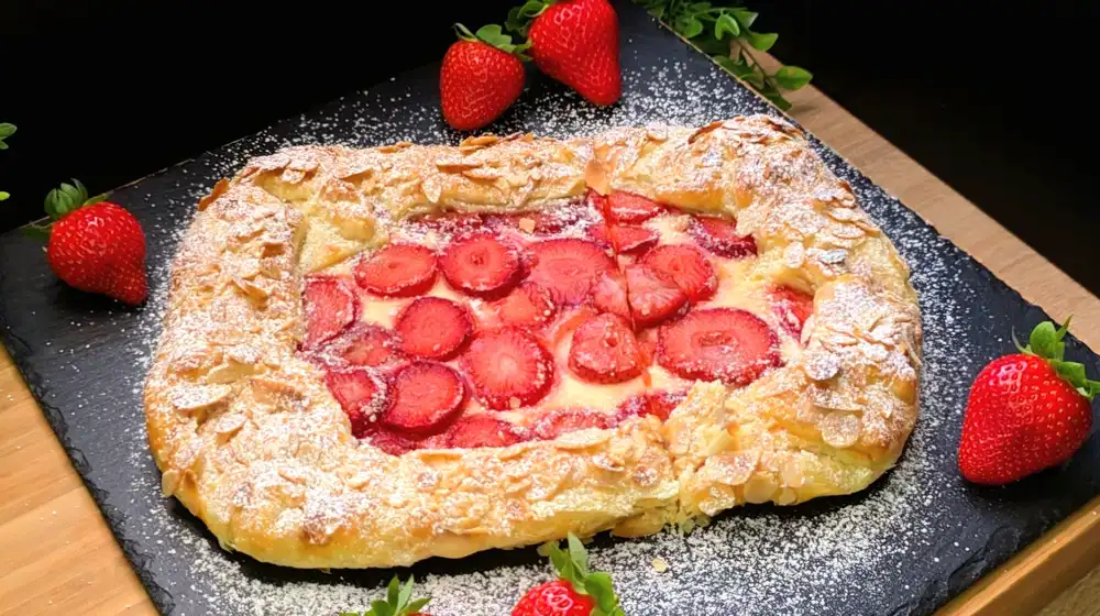 Eine rustikale Blätterteig-Galette mit cremiger Quarkfüllung, Erdbeeren und Mandelrand.