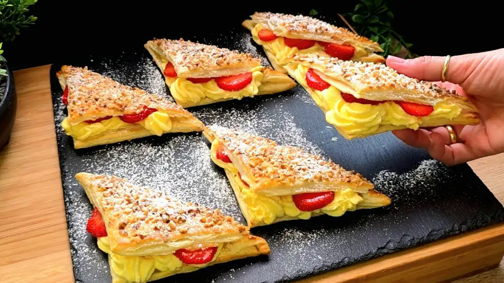 Goldbraune Blätterteig-Dreiecke gefüllt mit Vanillecreme und frischen Erdbeeren.