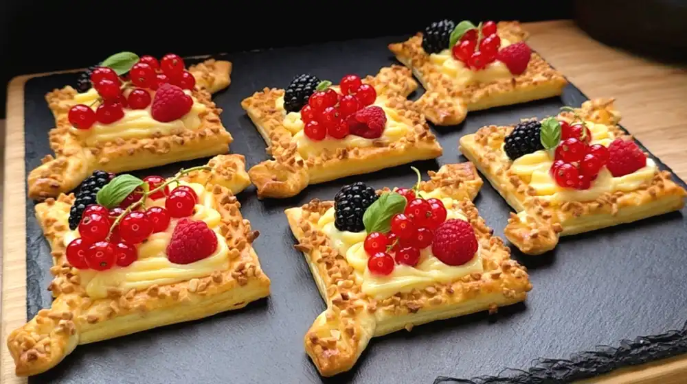 Goldbraun gebackene Blätterteig-Diamanten, gefüllt mit gelber Vanillepudding-Creme und buntem Sommer-Obst, bestreut mit gehackten Mandeln auf einer Kaffeetafel.