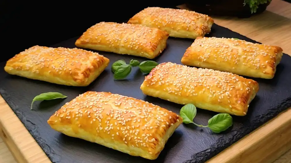 Goldbraun gebackene Blätterteig-Hähnchen-Käse-Taschen mit Sesam-Topping.