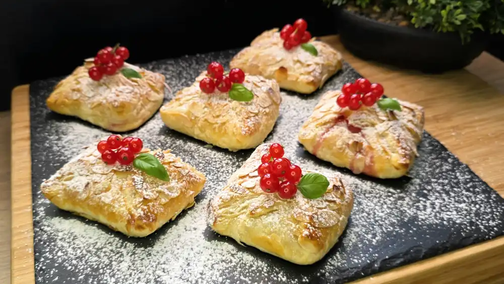 Goldbraun gebackene Blätterteig-Quark-Taschen mit roten Johannisbeeren, bestreut mit gehobelten Mandeln und Puderzucker auf einer sommerlichen Kaffeetafel.