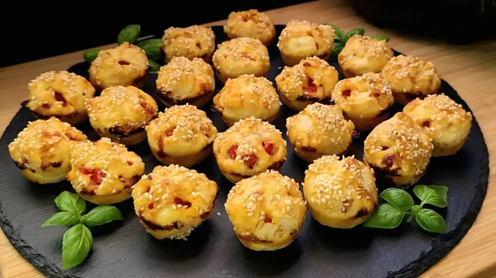 Goldbraun gebackene Blätterteig-Pizza-Häppchen mit einer Füllung aus Käse, Salami und Tomaten, bestreut mit Sesam auf einem rustikalen Holzbrett.