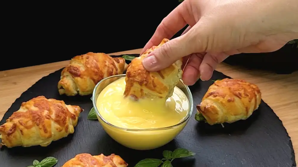 Detailansicht eines frisch gebackenen Spargel-Hörnchens mit krosser Käsekruste und herausragender Spargelstange.