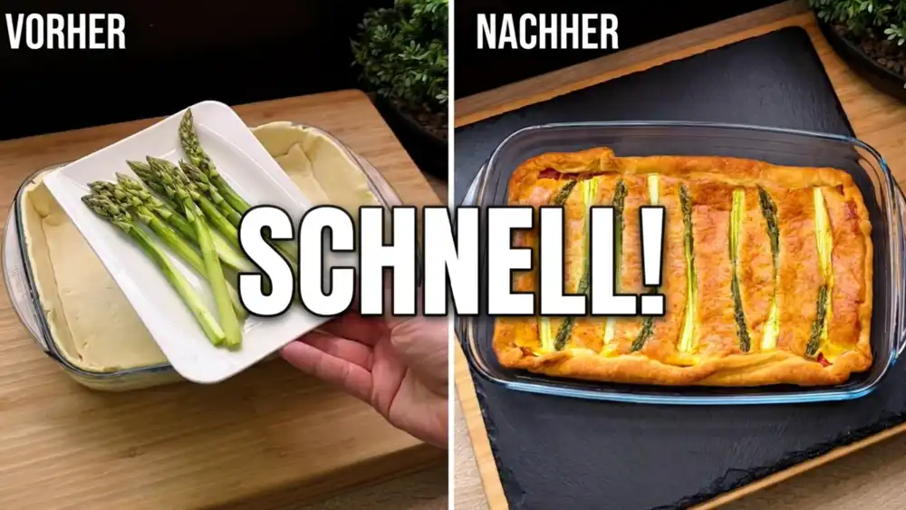 Detailansicht eines frisch aufgeschnittenen Stücks Spargelkuchen mit saftigem Kern und krossem Rand.