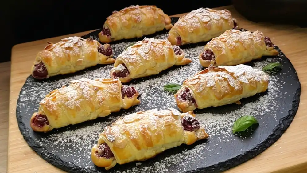 Goldbraun gebackene Blätterteig-Croissants gefüllt mit Vanillequark und Sauerkirschen, bestreut mit Mandelblättchen.
