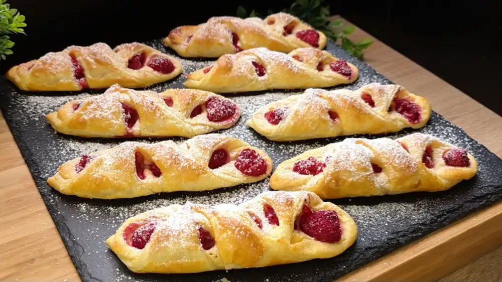 Goldbraun gebackene Blätterteig-Schiffchen gefüllt mit Vanillequark und frischen Himbeeren.