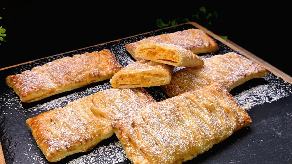 Goldbraun gebackene Blätterteig-Stangen mit eingeschnittener Oberfläche, gefüllt mit Quark und Mandarinen, fein bestäubt mit Puderzucker auf einer Servierplatte.