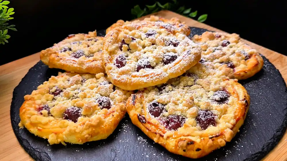 Sechs goldbraun gebackene, runde Mini-Blätterteig-Törtchen mit feiner Quarkcreme, roten Sauerkirschen und knusprigen Streuseln auf einem eleganten Servierteller.