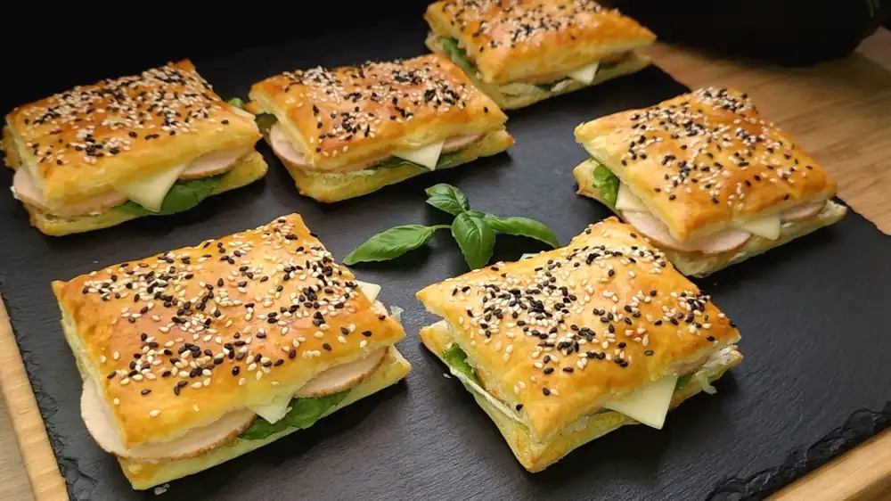 Eine Platte mit aufgeschnittenen, üppig belegten Blätterteig-Sandwichbrötchen mit Schinken, Frischkäse, Käsescheiben und frischem Salat auf einem Frühstückstisch.