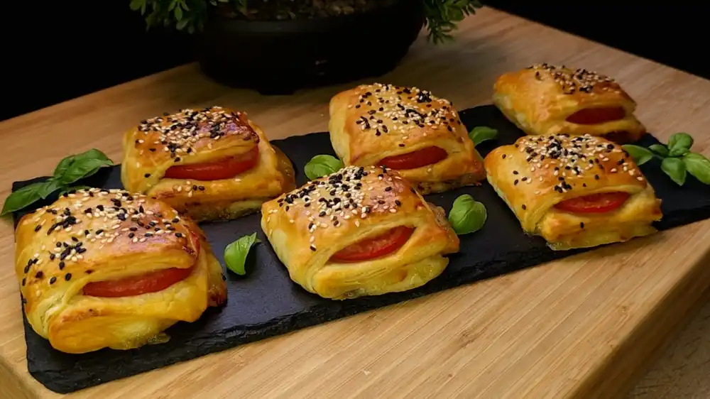 Sechs goldbraun gebackene, krosse Blätterteig-Taschen mit Sesamkruste, gefüllt mit Schinken, geschmolzenem Mozzarella und rotem Pesto auf einem rustikalen Holzbrett.