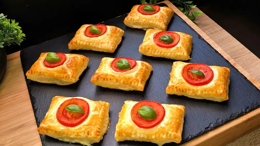 Goldbraun gebackene Schinken-Käse-Taschen aus Blätterteig mit einem gemusterten Gabelrand und einer saftigen Tomatenscheibe auf der Oberseite.