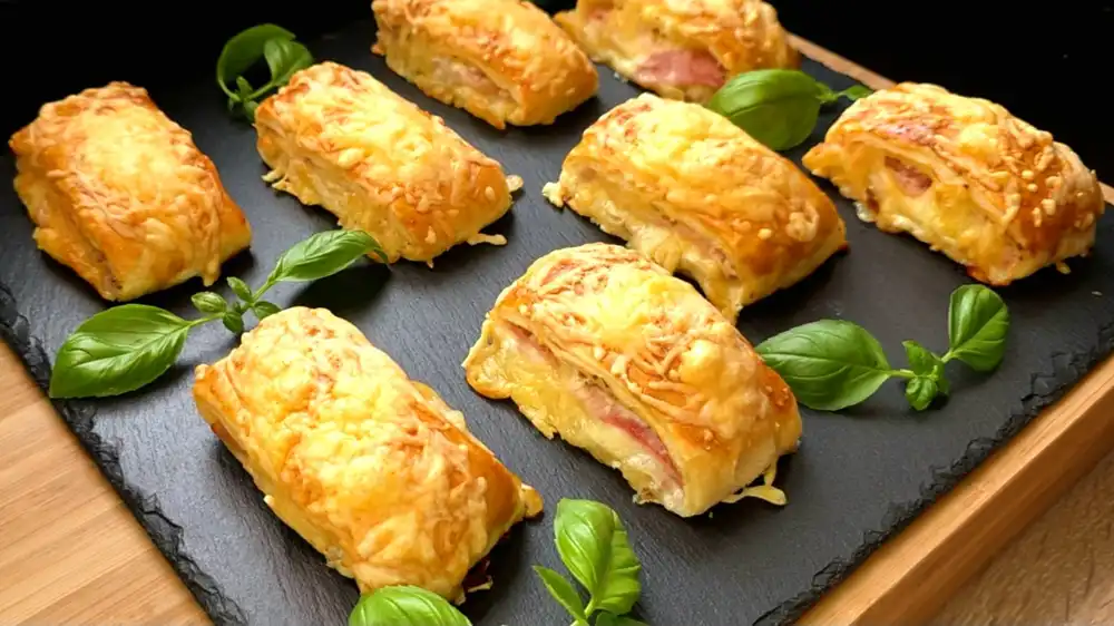 Goldbraun gebackene Schinken-Käse-Taschen aus Blätterteig mit einer krossen Käsekruste.